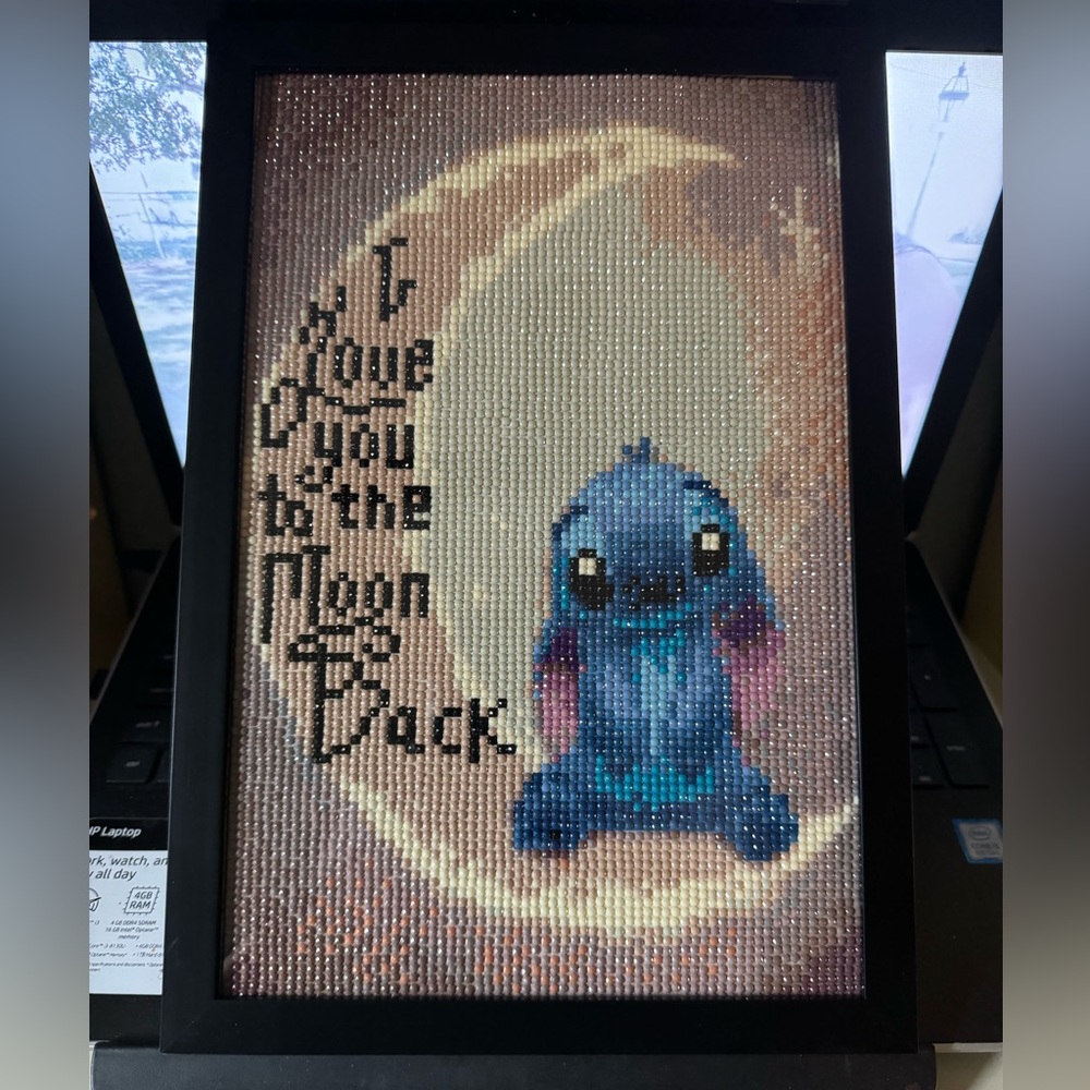 Stitch I love you to the moon and back, framed completed diamond art